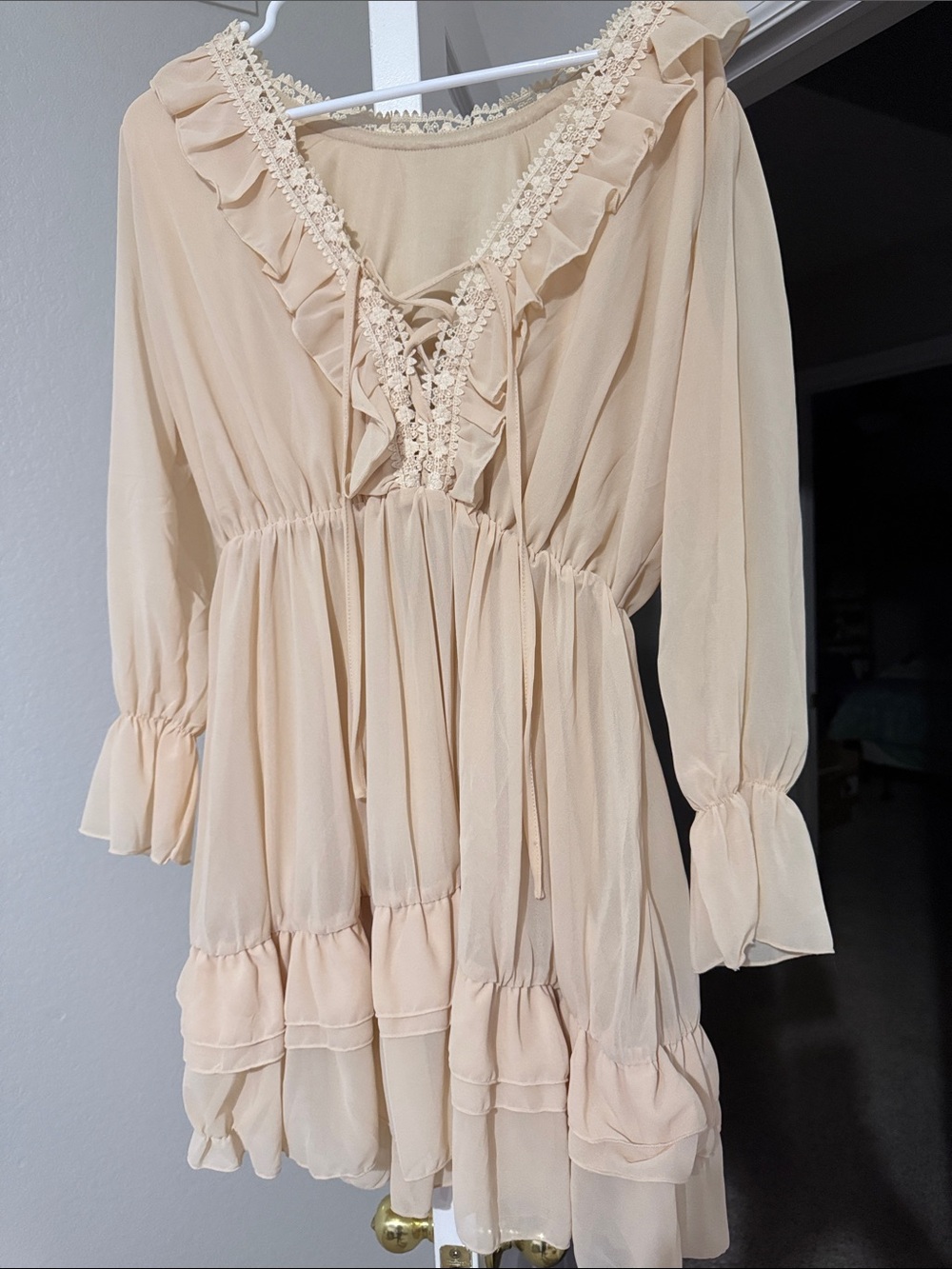 Women's Cream Ruffle Lace-Up Babydoll Dress